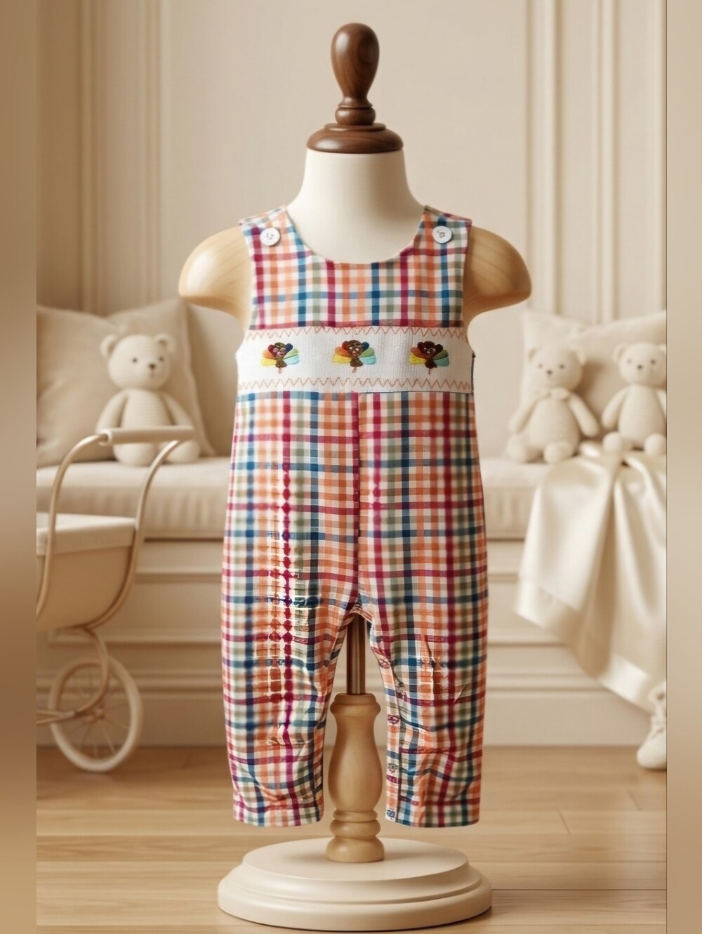 Fall Plaid Turkey Smocked Jon Jon by Rylee Faith Designs – Sizes 3M